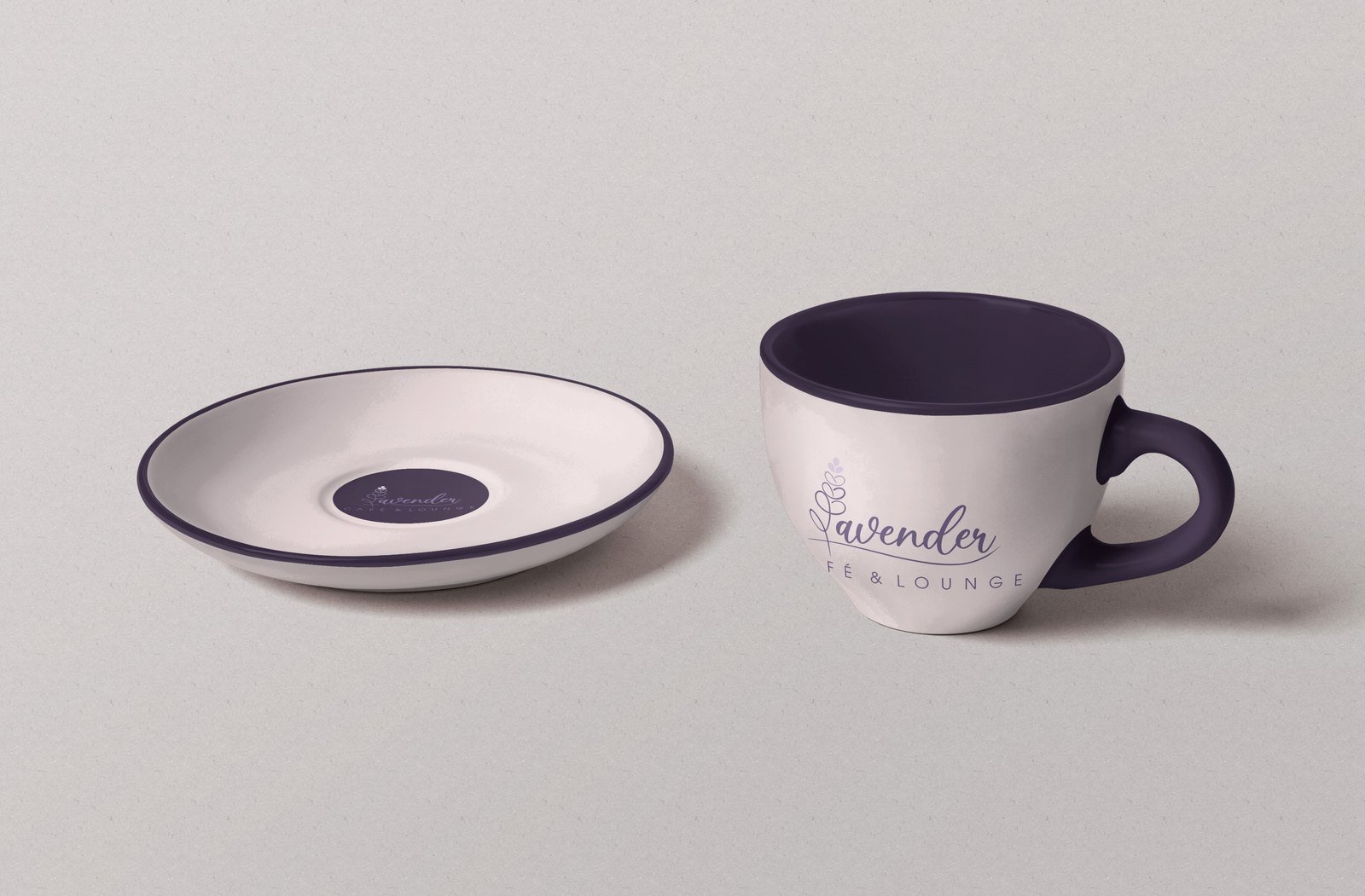 Lavender branded ceramic cup and saucer